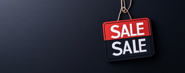 Vibrant sale sign hanging against a dark background, perfect for promotional materials and advertising.