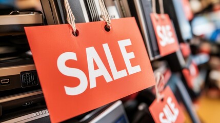 Vibrant sale signs display bold offers on electronics, enticing customers with discounts and promotions in a retail environment.