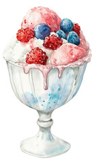 Colorful dessert featuring ice cream and fresh berries presented in an elegant glass cup, with transparent background