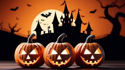 illustration halloween theme banner group pumpkins paper graphic style castle background