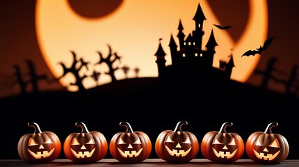 illustration halloween theme banner group pumpkins paper graphic style castle background