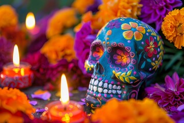 Fototapeta premium Vibrant day of the dead skull with marigolds