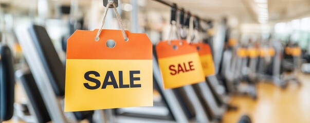 Colorful sale tags hanging in a gym, promoting discounts on fitness equipment and attracting fitness enthusiasts.