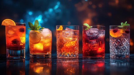 elegant cocktail collection diverse glassware vibrant colors studio lighting reflective surfaces mixology showcase