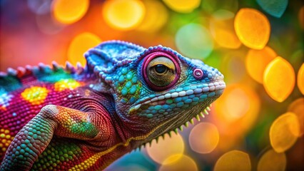 Beautiful multi-colored chameleon against a bright bokeh background, Chameleon, reptile, colorful, vibrant, animal, nature