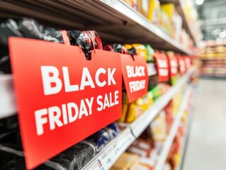 Eye-catching signage for Black Friday sale in a retail environment, showcasing promotions and discounts on products.