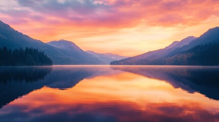 Fototapeta premium A breathtaking sunset over a tranquil lake, surrounded by majestic mountains reflecting vibrant colors in the water.