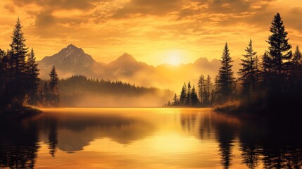 Fototapeta premium A breathtaking sunset over a serene lake, surrounded by majestic mountains and lush forests, creating a tranquil atmosphere.