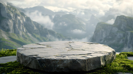 Rough stone podium with moss and mountain landscape for outdoor product presentation.