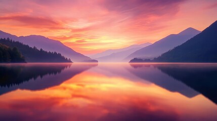 A serene landscape featuring a calm lake reflecting a vibrant sunset, surrounded by majestic mountains and lush trees.