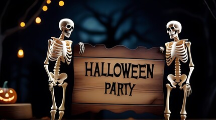 halloween party skeletons wooden banner spooky nights