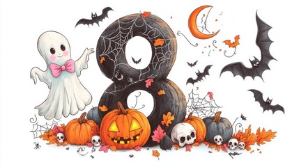 Illustration of numbers on a white background with Halloween illustrations. Cute style with pumpkins, spiders, skulls, and more.
