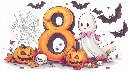 Illustration of numbers on a white background with Halloween illustrations. Cute style with pumpkins, spiders, skulls, and more.