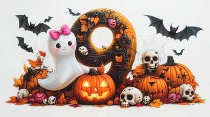 Illustration of numbers on a white background with Halloween illustrations. Cute style with pumpkins, spiders, skulls, and more.