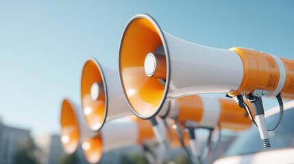 A close-up view of several loudspeakers on a sunny day, ideal for concepts related to communication and announcements.