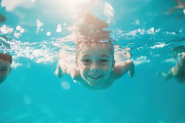 Naklejka premium Teaching children to swim in a close up view of the blue pool water