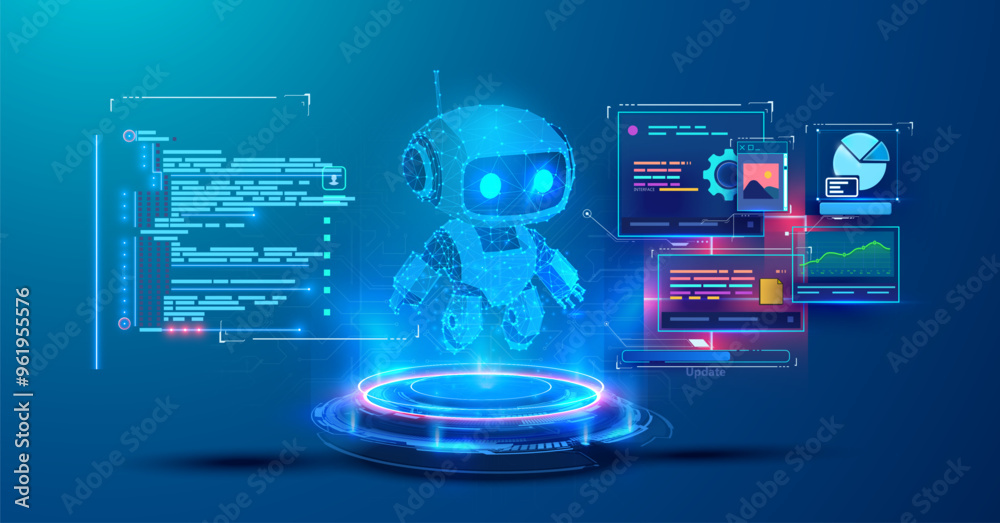 Poster 3d illustration of a futuristic robot surrounded by digital interfaces and data visualizations, repr