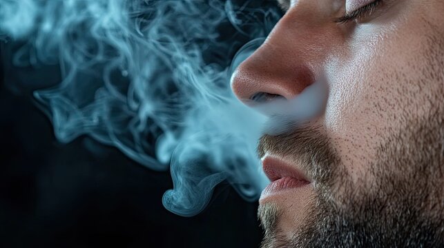 Close up of man exhaling smoke