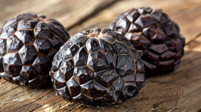 Black sapote close up showing unique texture and color on a wooden surface