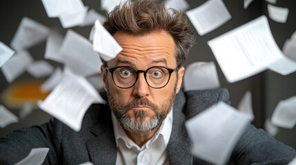 Naklejka premium Man overwhelmed by paperwork