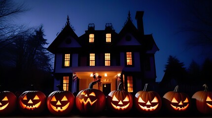 eerie halloween scene illuminated pumpkins front haunted house perfect halloween decorations themed events holiday promotions copy space
