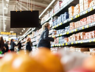 Obraz premium A shopper browsing products in a well-stocked supermarket aisle, with a focus on organized shelves and a blank sign for promotions.