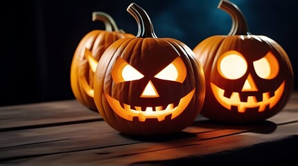 carved pumpkins scary faces displayed wooden plank