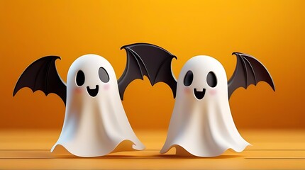 cute ghosts bat yellow background illustration happy halloween