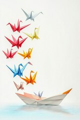 Flying paper cranes leading a boat toward success, symbolizing leadership innovation, creative progress, and the aspiration to evolve