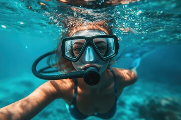 Naklejka premium Underwater girl in mask scuba dives
