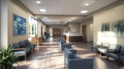 Modern Hospital Waiting Area with Blue Chairs.