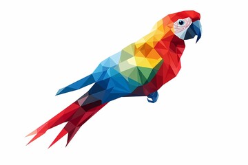 Fototapeta premium Colorful geometric parrot illustration featuring bright red, blue, yellow, and green hues, low poly ideal for vibrant design projects and creative artwork.