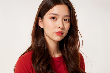 Fototapeta premium A woman with long brown hair and a red shirt