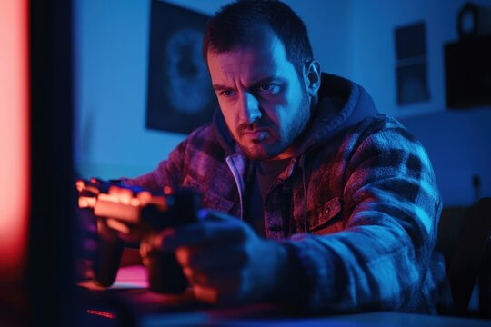 Unhappy adult playing online action games on TV