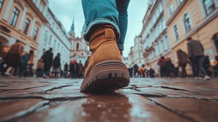 Obraz premium legs striding through a busy city street, with a focus on the movement amidst a crowd, symbolizing individuality and the journey of navigating through life's hustle and bustle