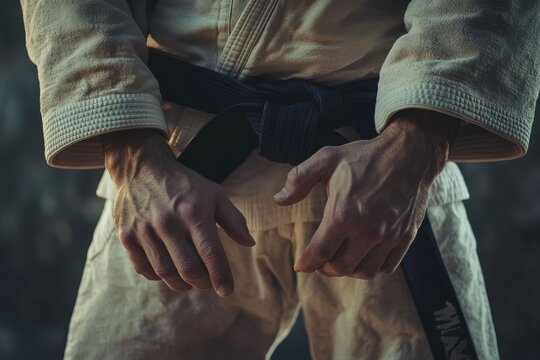 Unknown Brazilian Jiu Jitsu fighter in fighting stance midsection view martial arts training concept