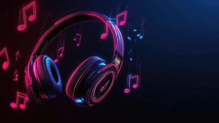 Fototapeta premium Headphones with floating music notes on neon background