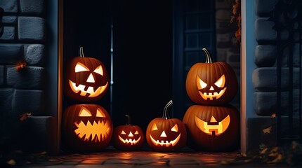 Fototapeta premium halloween scary pumpkins doorway set fun medieval castle night halloween banner space text