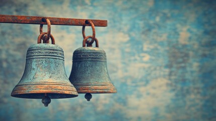 Obraz premium Two aged metal bells hanging on a rustic frame against a textured blue background.