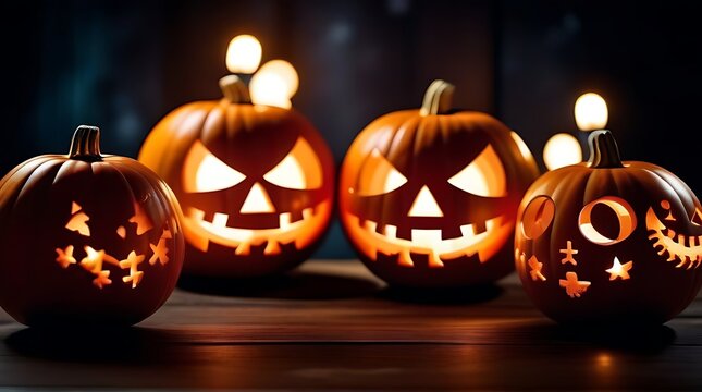 halloween golf balls decorated like pumpkins terrorific faces candles foliage crosses insects rustic wooden table dark background space text