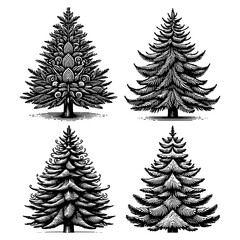 Obraz premium Set collection of Christmas trees, unique designs and festive decorations, vintage holiday sketch engraving generative ai PNG illustration. Scratch board imitation. Black and white image.
