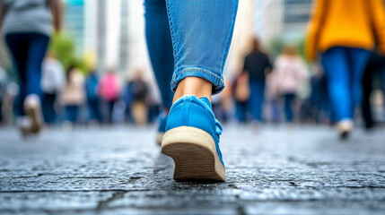 Obraz premium legs striding through a busy city street, with a focus on the movement amidst a crowd, symbolizing individuality and the journey of navigating through life's hustle and bustle