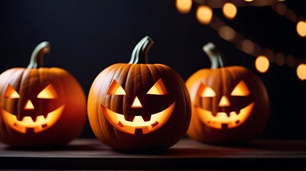Fototapeta premium row smiling jack lantern pumpkins halloween