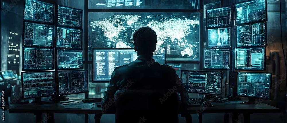 Poster a professional working at a computer in a high tech control room surrounded by multiple monitors dis