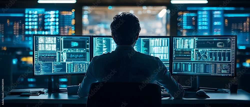 Poster professional working in a high tech control room surrounded by monitors displaying data modern and f
