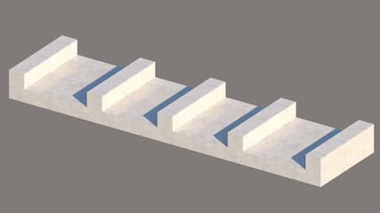3D axonometric detail of a 50cm concrete site foundation with a disconnected 60cm thick sloof, made of concrete and reinforced steel, as a foundation for a heavy-duty industrial structure