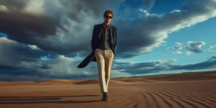 High fashion concept. Portrait of fashionable male model walking in luxurious clothing among sands under the blue cloudy sky. Luxury brands campaign style. Banner. Outdoor shot