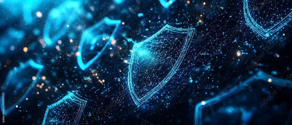 Poster futuristic digital cybersecurity concept with glowing blue shields and interconnected networks for h