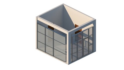 3D axonometric model rendering illustrations of a room with 2 doors, ceiling-height glass windows, beams, and columns - House interior for architectural and interior visualization