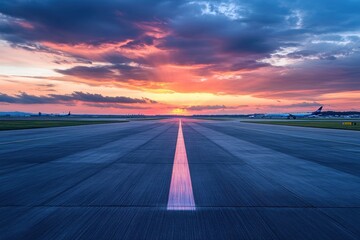 Vacant runway at airport with fast transportation concept and stunning sunset sky